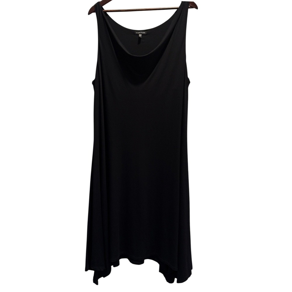 Eileen Fisher Black Stretch Sleeveless Drape Neck Midi Dress Large Minimalist